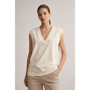 Massimo Dutti Women Ivory V-Neck Cotton Sleeveless Tank Vest Size L Minimalist